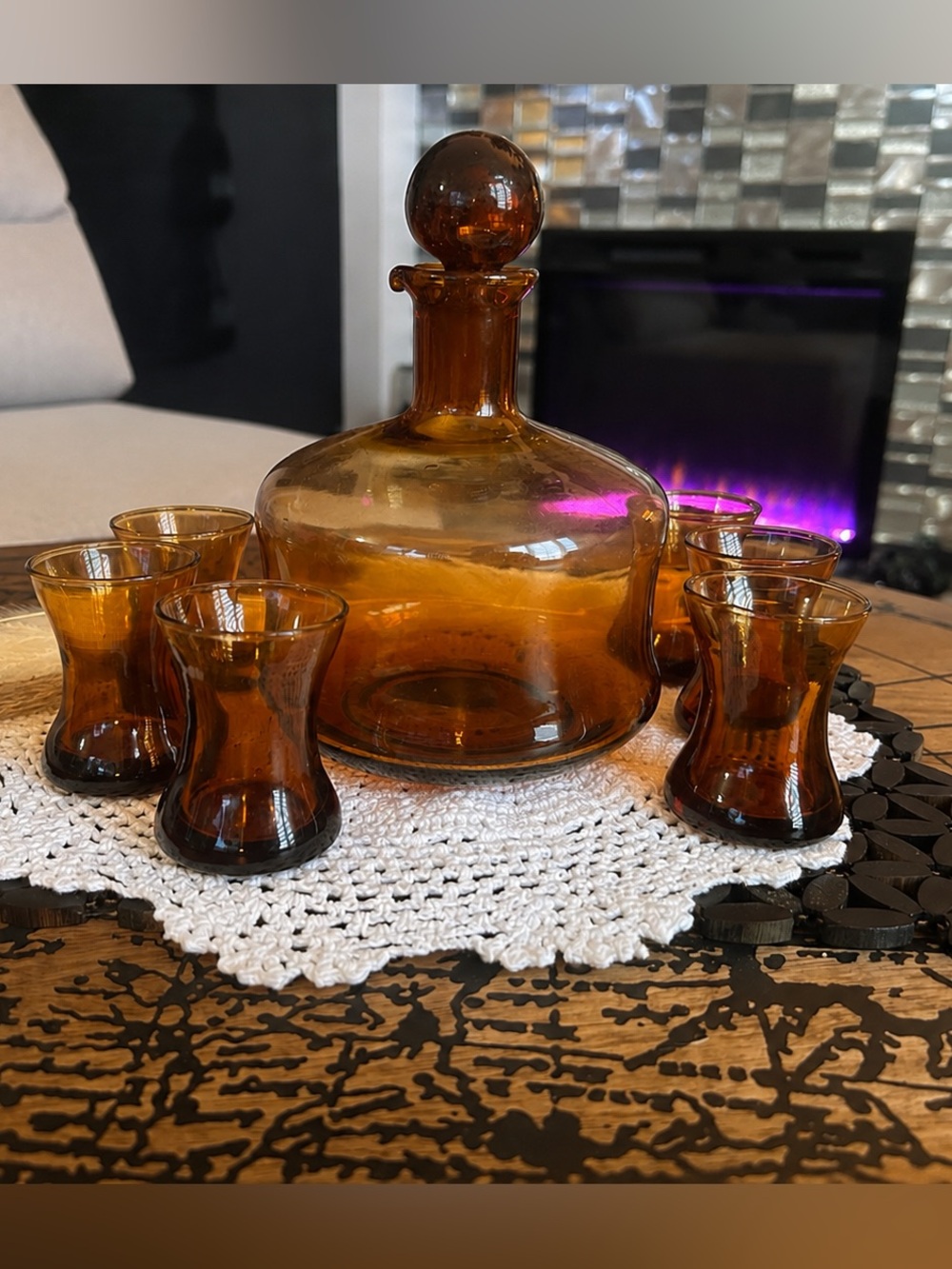 Vintage Amber Glass Decanter Set with Cordial Glasses | Mid-Century Barware Déco